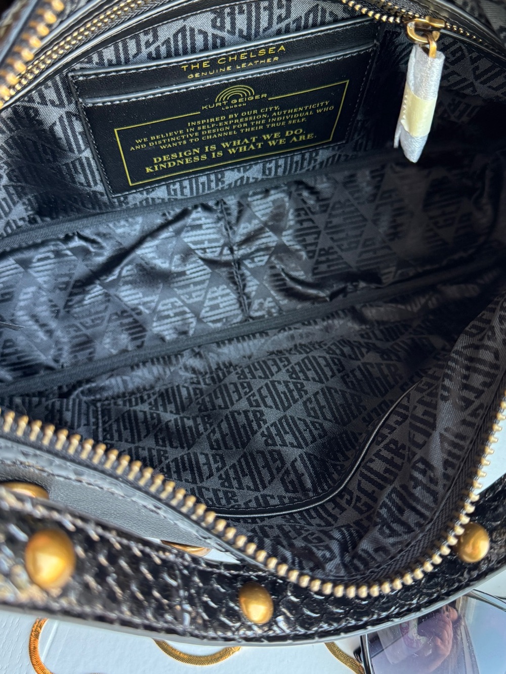 Kurt Geiger London Chelsea Black & Gold Statement Studded Leather Shoulder Bag - Picture 2 of 15